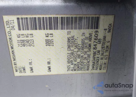 2011 Nissan Maxima 3.5 Sv z USA, uszkodzony, nr VIN 1N4AA5APXBC847609